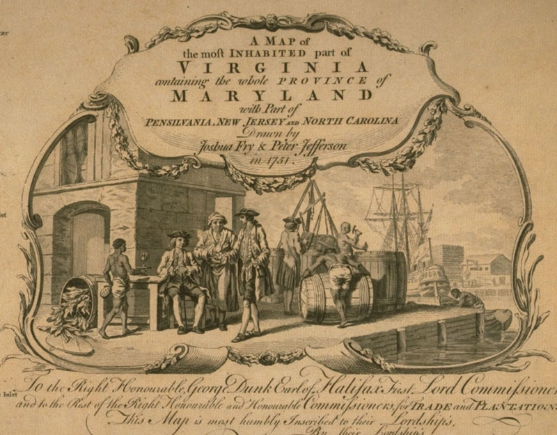 Shipping Tobacco, Virginia (USA), ca. 1755. [Cartouche from A Map of the Most Inhabited Part of Virginia…, by Joshua Fry and Peter Jefferson (ca. 1755)]